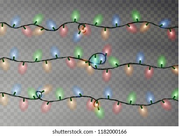 Christmas color lights string. Transparent effect decoration isolated on dark background. Realistic Christmas garland vector. Winter xmas glowing lights string. Vector banner illustration.