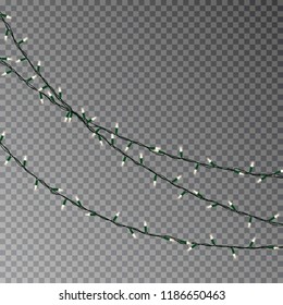 Christmas color lights string. Transparent effect decoration isolated on dark background. Realistic Christmas garland vector. Winter xmas glowing lights string. Vector banner illustration.