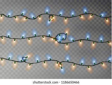 Christmas color lights string. Transparent effect decoration isolated on dark background. Realistic Christmas garland vector. Winter xmas glowing lights string. Vector banner illustration.