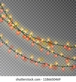 Christmas color lights string. Transparent effect decoration isolated on dark background. Realistic Christmas garland vector. Winter xmas glowing lights string. Vector banner illustration.