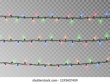 Christmas color lights string. Transparent effect decoration isolated on dark background. Realistic Christmas garland vector. Winter xmas glowing lights string. Vector banner illustration.