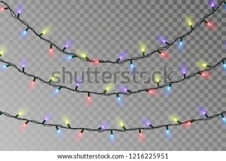 Christmas color lights string. Transparent effect decoration isolated on dark background. Realistic Christmas garland vector. Winter xmas glowing lights string. Vector banner illustration.