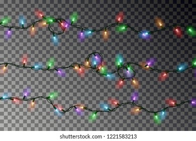 Christmas color lights string vector. Transparent colorful effect decoration isolated on dark background. Realistic Christmas garland vector. Winter xmas glowing lights string. Vector illustration.