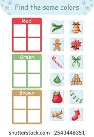 Christmas color matching game for kids. Educational cut-and-glue activity for preschoolers, fostering learning and creativity.