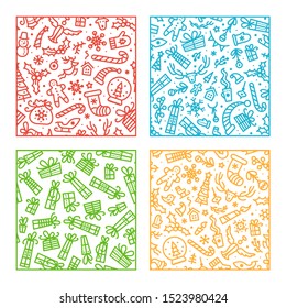 Christmas color outline patterns set. Winter season holidays backdrops pack. New Year linear symbols green, yellow, red and blue background. Festive wrapping paper, textile vector design