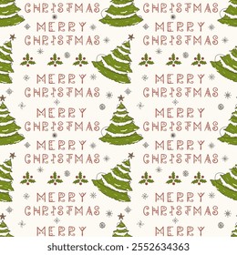 Christmas color seamless contour illustration in the style of childrens doodles, Festive fir tree and greeting inscription