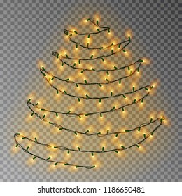 Christmas color tree of lights string. Transparent effect decoration isolated on dark background. Realistic Christmas garland vector. Glowing Winter Xmas tree lights string, banner illustration.