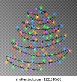 Christmas color tree of lights string hanging on wall. Transparent effect decoration isolated on dark background. Realistic Christmas garland vector. Glowing Winter Xmas tree lights illustration.