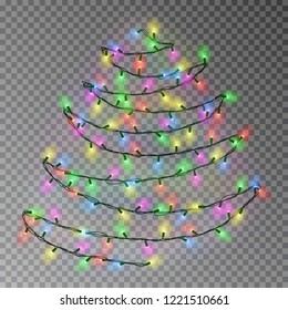 Christmas color tree of lights string hanging on wall. Transparent effect decoration isolated on dark background. Realistic Christmas garland vector. Glowing Winter Xmas tree lights illustration.