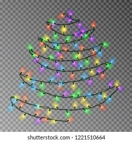 Christmas color tree of lights string hanging on wall. Transparent effect decoration isolated on dark background. Realistic Christmas garland vector. Glowing Winter Xmas tree lights illustration.
