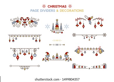 Christmas color vector decorative borders set. Winter season holiday cartoon page dividers isolated pack. New year festive decor for greeting card. Xmas tree hanging baubles design elements