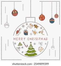 Christmas colored contour illustration in the style of childrens doodles, Christmas design elements in a Christmas ball, festive fir tree