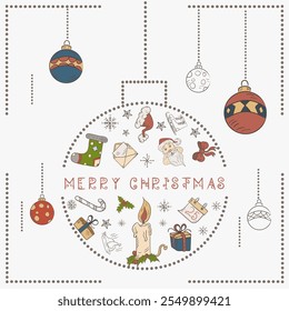 Christmas colored contour illustration in the style of childrens doodles, Christmas design elements in a Christmas ball, a Christmas candle