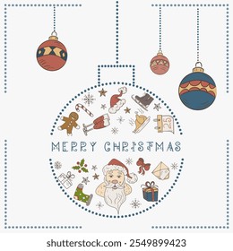 Christmas colored contour illustration in the style of childrens doodles, Christmas design elements in a Christmas ball, Santa Claus head