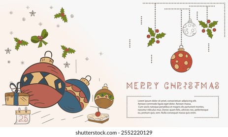 Christmas colored contour illustration in the style of childrens doodles with the text Lorem Ipsum, Christmas balls