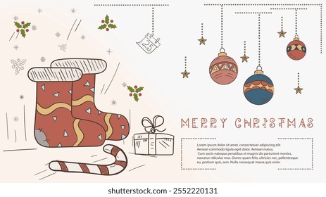 Christmas colored contour illustration in the style of childrens doodles with the text Lorem Ipsum, Knitted warm socks with candy