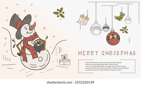 Christmas colored contour illustration in the style of childrens doodles with the text Lorem Ipsum, A snowman in a top hat