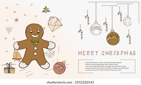 Christmas colored contour illustration in the style of childrens doodles with the text Lorem Ipsum, Gingerbread Man