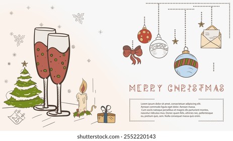 Christmas colored contour illustration in the style of childrens doodles with the text Lorem Ipsum, a glass with a drink