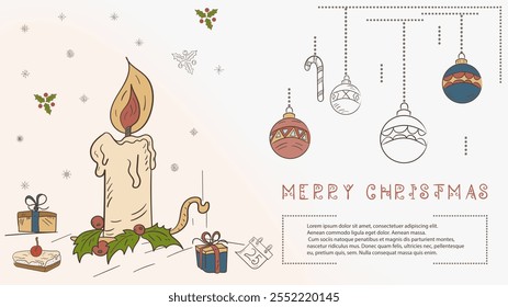 Christmas colored contour illustration in the style of childrens doodles with the text of Lorem Ipsum, a Christmas candle and a number of gifts