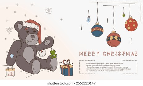 Christmas colored contour illustration in the style of childrens doodles with the text of Lorem Ipsum, a bear toy in a Santa hat