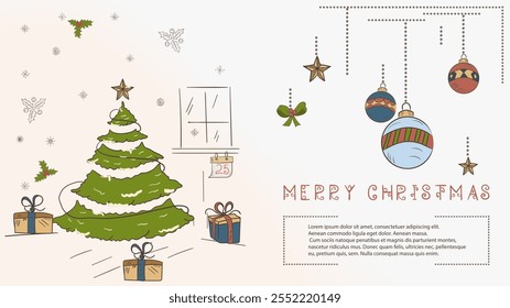 Christmas colored contour illustration in the style of childrens doodles with the text Lorem Ipsum, a festive fir tree and a number of gifts