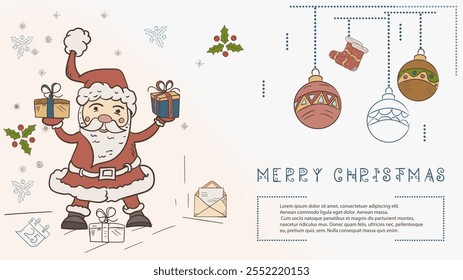 Christmas colored contour illustration in the style of childrens doodles with the text Lorem Ipsum, Santa Claus Holding boxes with gifts