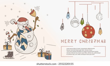 Christmas colored contour illustration in the style of childrens doodles with the text Lorem Ipsum, The Snowman rings the Christmas bell