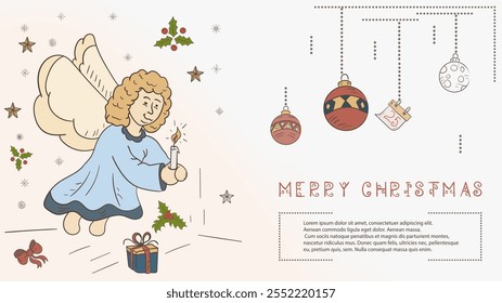 Christmas colored contour illustration in the style of childrens doodles with the text Lorem Ipsum, a Christmas angel holding a candle