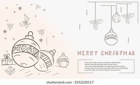 Christmas colored illustration in the style of childrens doodles with the text Lorem Ipsum, Christmas balls