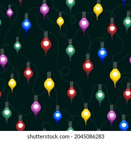 Christmas colored lights, garland. Vector seamless pattern.