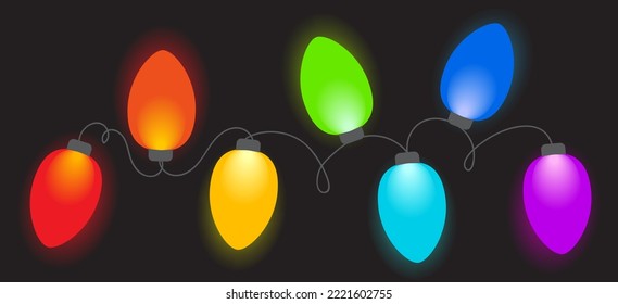 Christmas colored lights isolated on black background. Set of xmas glowing garland with colored bulbs. Vector illustration
