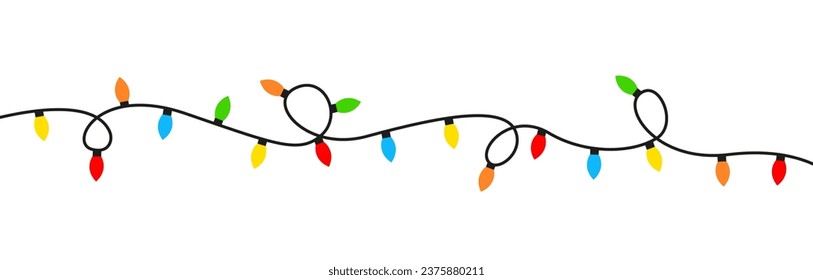 Christmas colored lights isolated on white background. Bright colored garland lights decoration. Glowing light bulb for Christmas cards, banners, posters, web. Vector illustration.