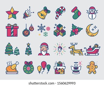 Christmas colored line icons set.