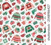 Christmas colored mugs, ugly sweater, gift boxes seamless pattern. Xmas pullover, mitten, stocking and snowflakes red green background. EPS 10 vector illustration. Use for fabric print, wrapping paper