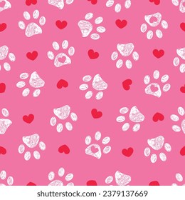 Christmas colored pink background colored white paw prints and cute hearts seamless pattern