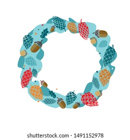 Christmas colored round wreath of cones, acorns on a white background hand drawn. New Year background for cards, invitations, paking, home decoration. Cute vector illustration