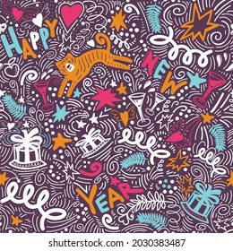 Christmas colored seamless pattern with New Years symbol of animal drawn by hand in doodle style. Tiger, garlands, cake, gifts, glasses, confetti and lettering quote happy new year.