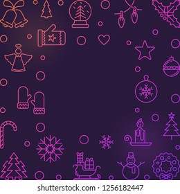 Christmas colored square vector frame in outline style. Xmas linear background with empty space for your text