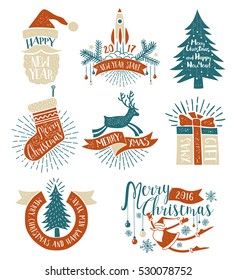 Christmas colored vintage logos, lettering and symbols with decorative elements. Text and letterpress effect on separate layers.