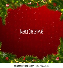 Christmas Colorful Background with a waterfall of ray lights and a lot of baubles and stars.