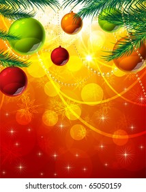 Christmas colorful background for xmas design with balls, snowflakes and fur tree branches.