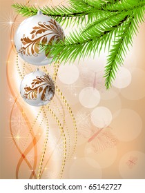 Christmas colorful background for xmas design with balls, snowflakes and fur tree branches.