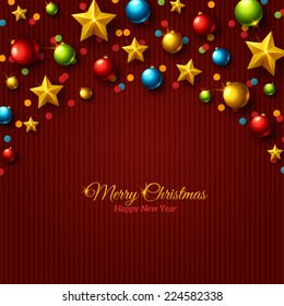 Christmas colorful balls and golden stars on purple striped background. Vector illustration. 