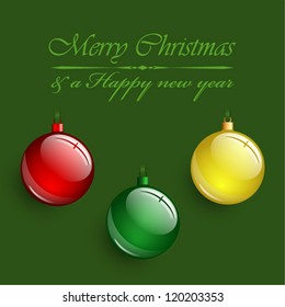 Christmas colorful balls hanging on red background. Vector illustration.