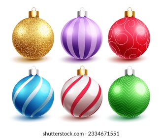 Christmas colorful balls vector set design. Christmas ball ornaments in glitter, stripe and glossy round shape object isolated in white background. Vector illustration xmas balls collection.