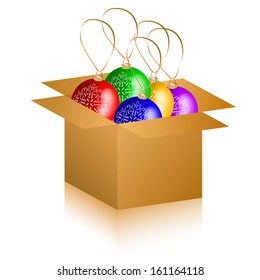 Christmas Colorful Baubles in Cardboard Box, icon isolated on white, vector illustration