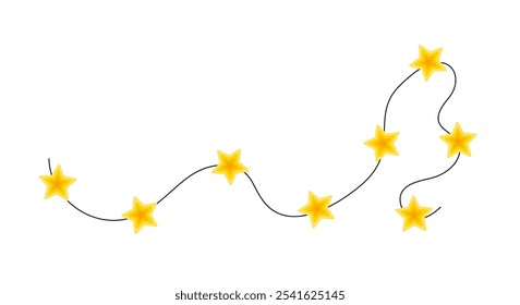 Christmas colorful bright yellow star lights curly string garland simple doodle hand drawn vector illustration, flat style cartoon image for winter New Year holiday, birthday events design