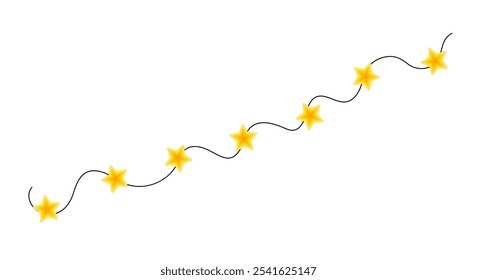 Christmas colorful bright yellow star lights curly string garland simple doodle hand drawn vector illustration, flat style cartoon image for winter New Year holiday, birthday events design