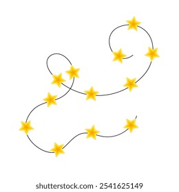 Christmas colorful bright yellow star lights curly string garland simple doodle hand drawn vector illustration, flat style cartoon image for winter New Year holiday, birthday events design